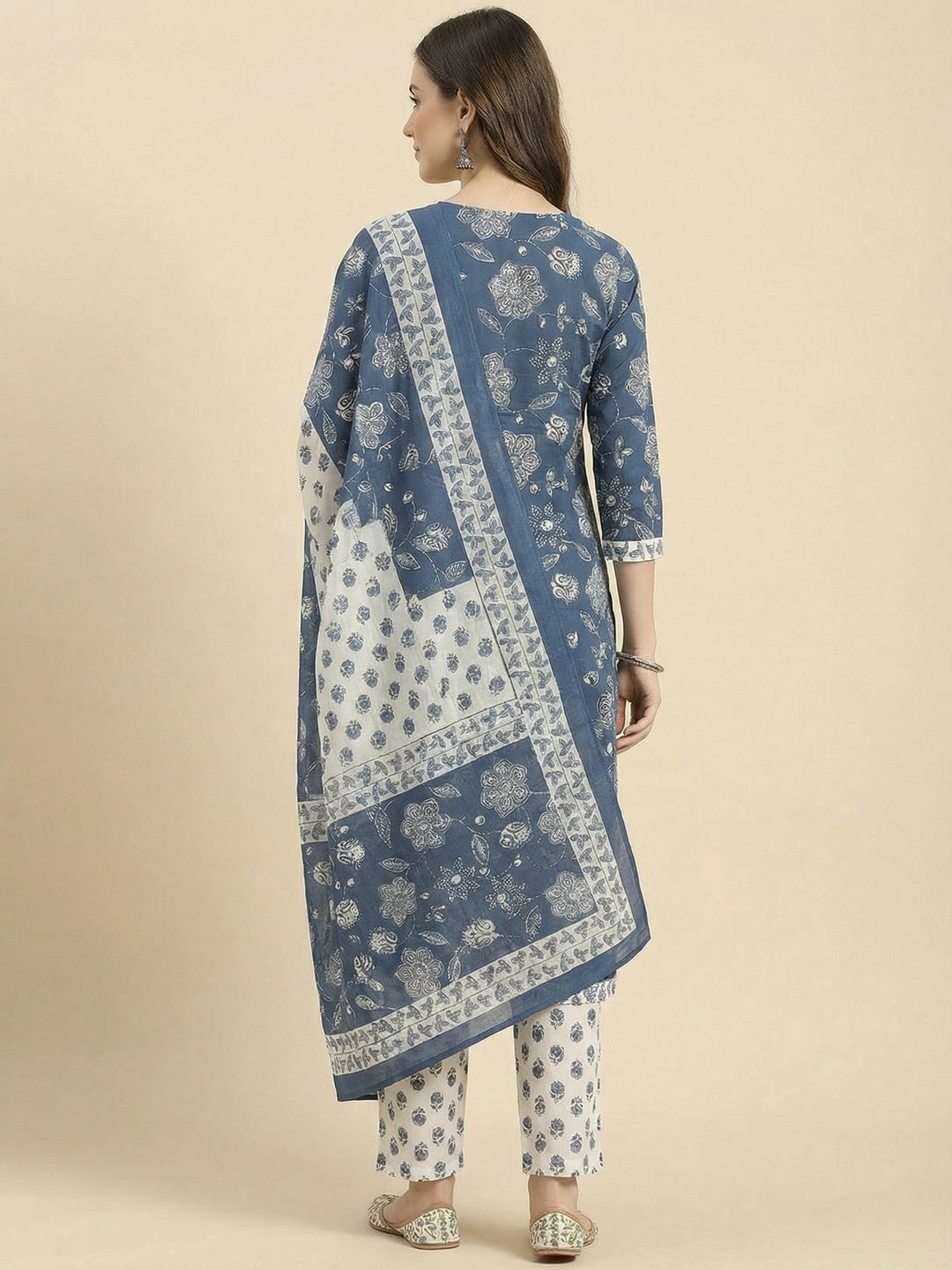 Festive Style Blue Floral Printed Cotton Salwar Suit with Coordinated Dupatta - Image 3
