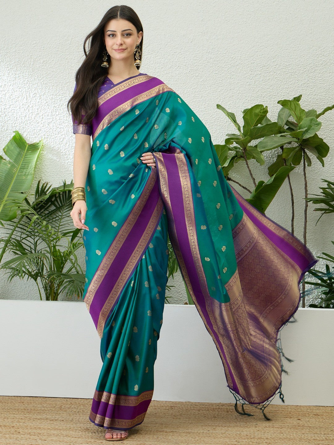 Traditional Teal Floral Zari Weaving Banarasi Silk Saree With Statement Tassel Pallu - Image 1