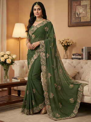 Classic Mehendi Green Floral Design Georgette Saree Featuring Fine Cording Embroidery & Sequins Work - Image 1