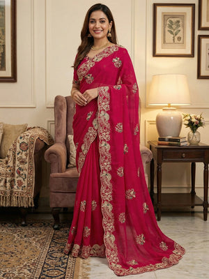 Classic Rani Pink Floral Design Georgette Saree Featuring Fine Cording Embroidery & Sequins Work - Image 1