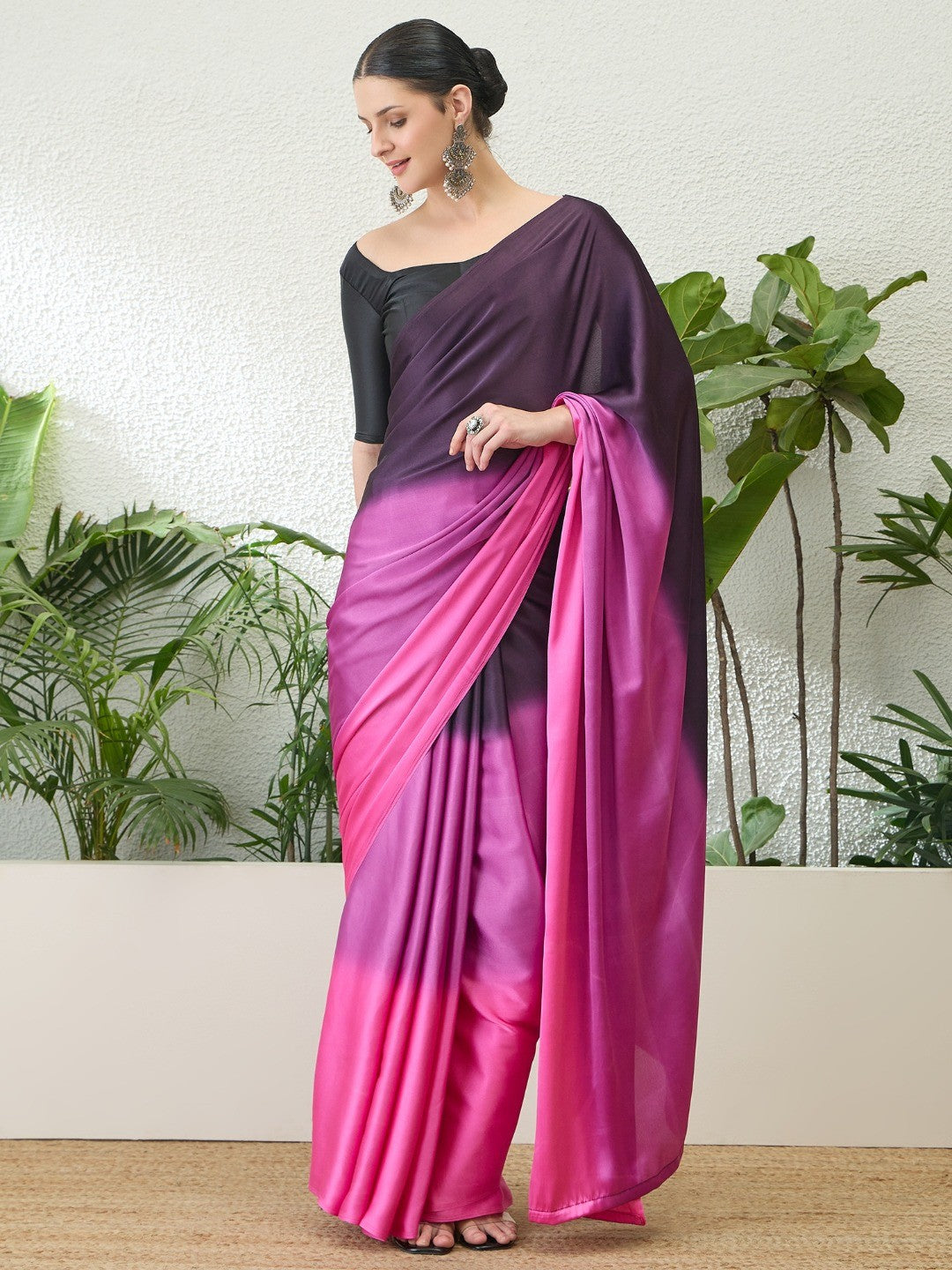 Luxurious Multicolor Ombre Satin Saree With Luxurious Smooth Shaded Finish - Image 1