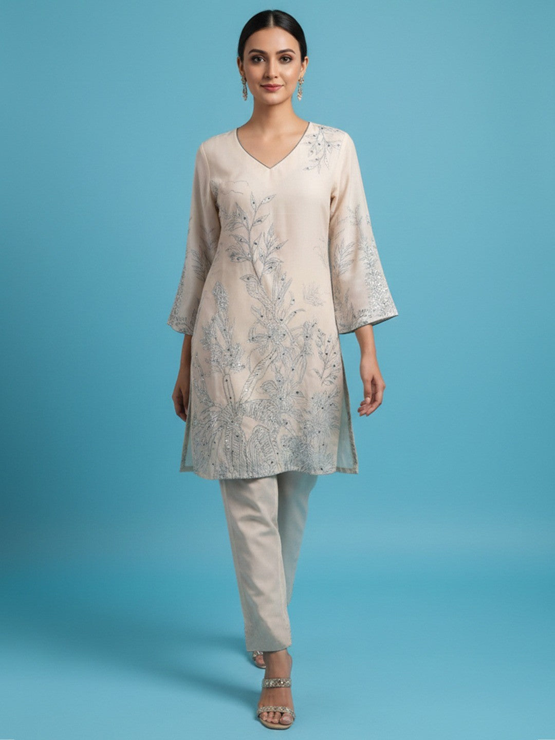 Party Wear Offwhite Floral Printed Cotton Blend Two Piece Set with Elegant Sequin Work - Image 1