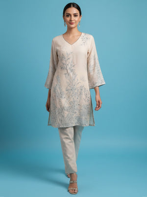 Party Wear Offwhite Floral Printed Cotton Blend Two Piece Set with Elegant Sequin Work - Image 1