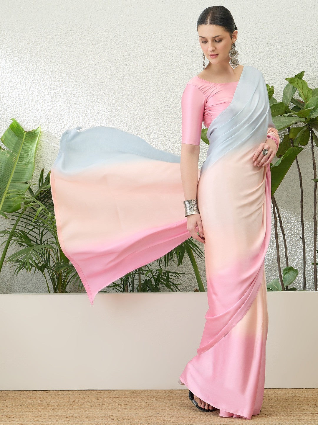 Elegant Multicolor Ombre Satin Saree With Luxurious Smooth Shaded Finish - Image 2