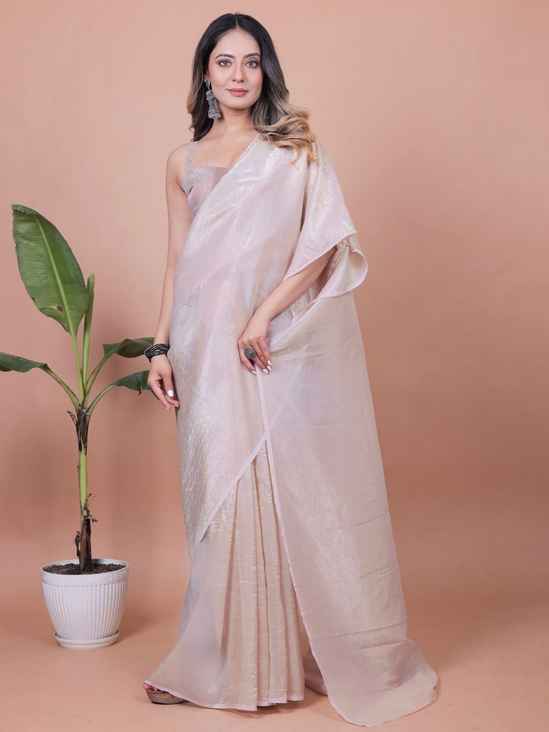 Beige Solid Chiffon Saree Perfect for Parties & Festive Occasions - Image 1