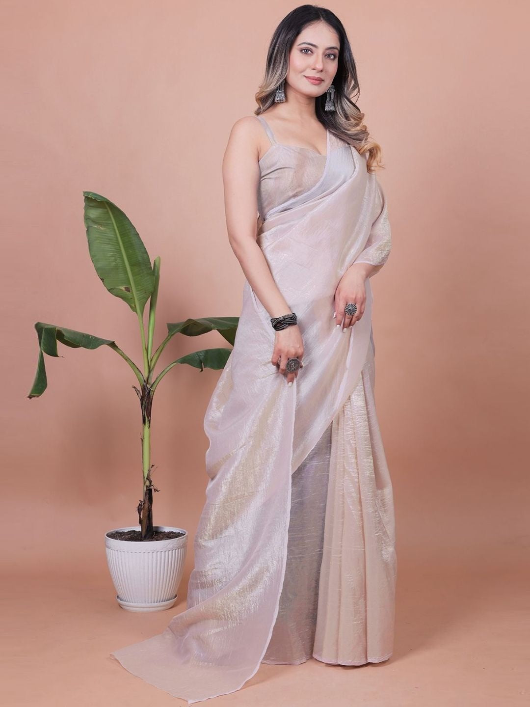 Beige Solid Chiffon Saree Perfect for Parties & Festive Occasions - Image 5