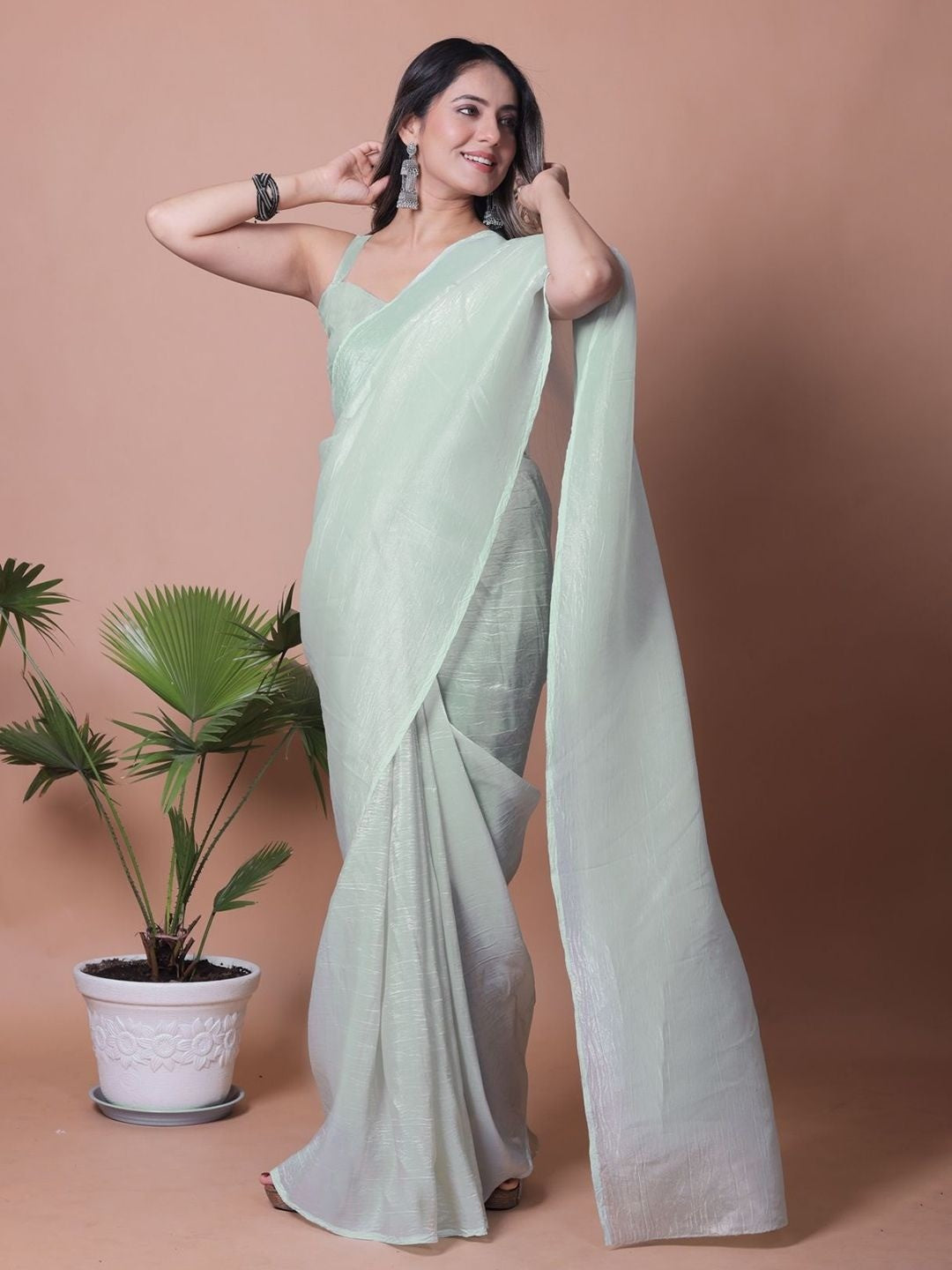 Mint Green Solid Chiffon Saree Perfect for Parties & Festive Occasions - Image 1