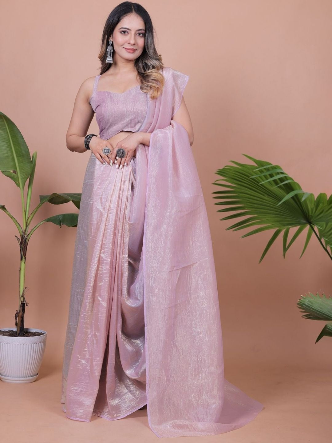 Blush Pink Solid Chiffon Saree Perfect for Parties & Festive Occasions - Image 5
