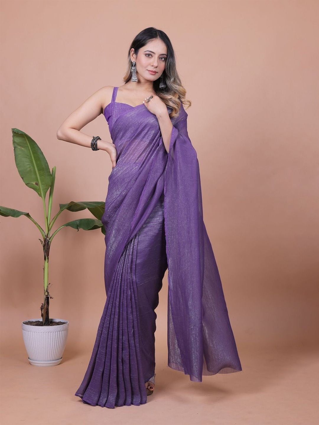 Royal Purple Solid Chiffon Saree Perfect for Parties & Festive Occasions - Image 1