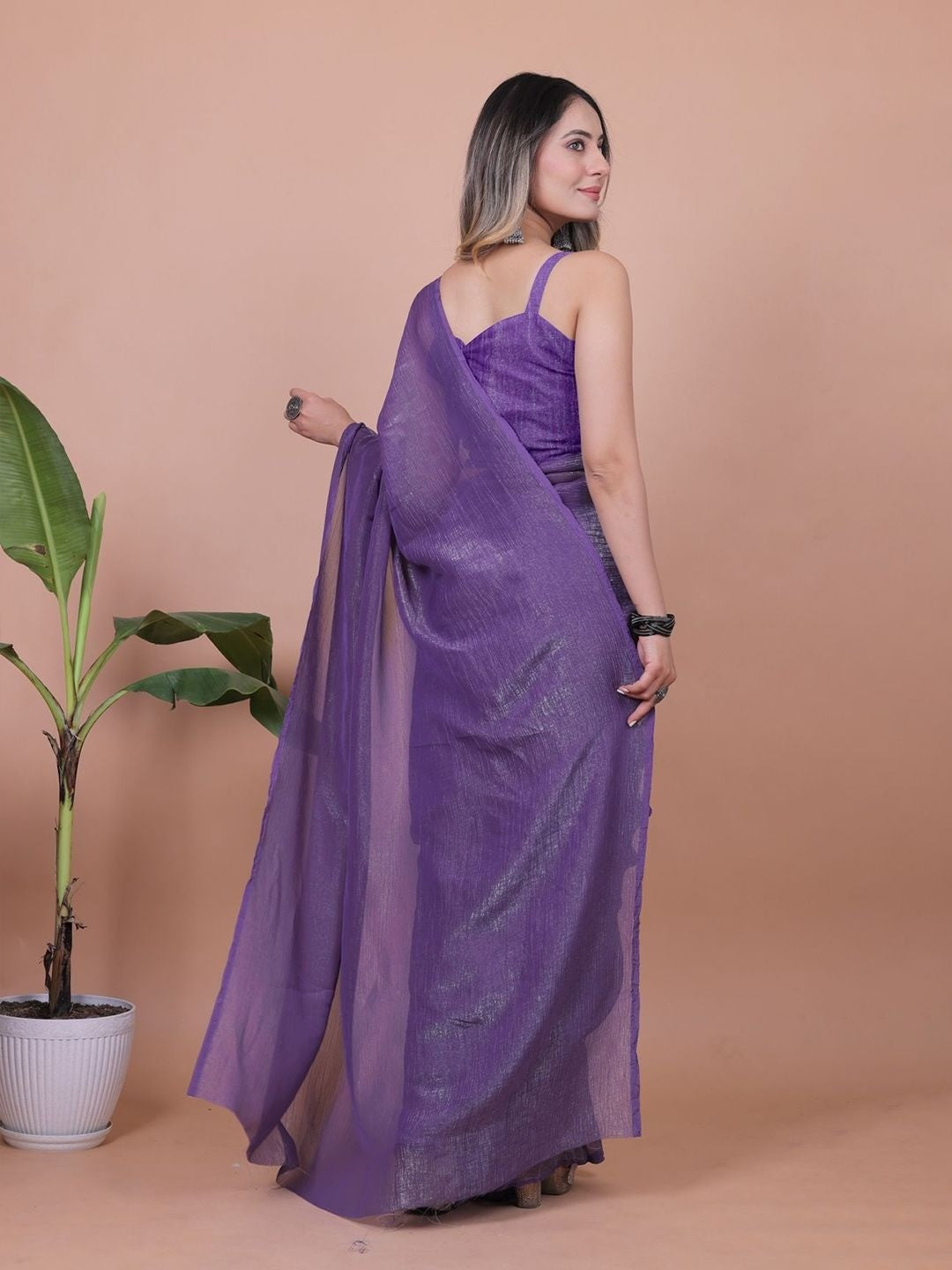 Royal Purple Solid Chiffon Saree Perfect for Parties & Festive Occasions - Image 5