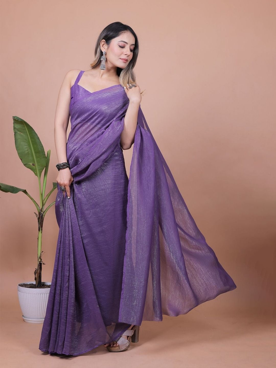 Royal Purple Solid Chiffon Saree Perfect for Parties & Festive Occasions - Image 3
