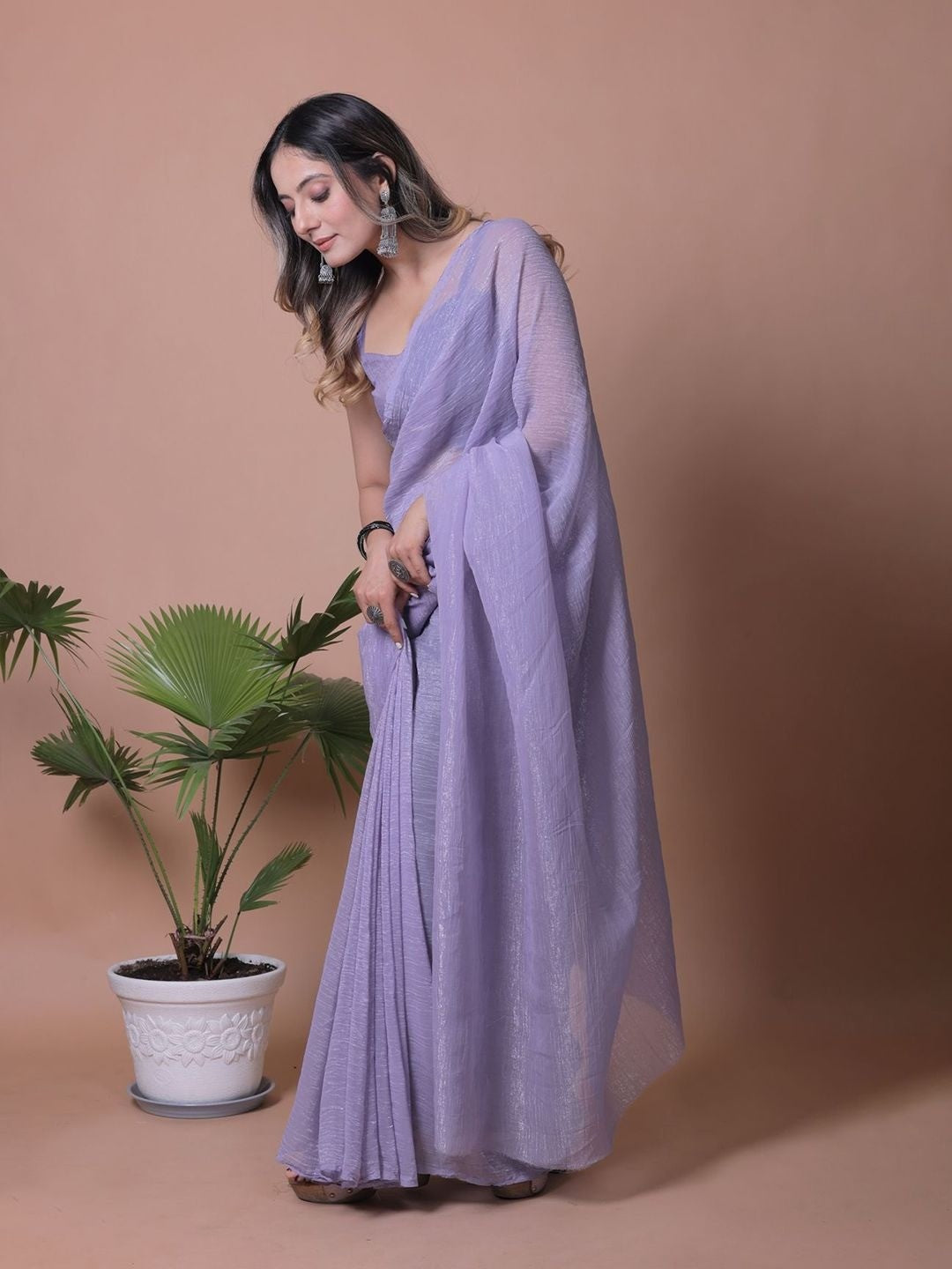 Dusty Lavender Solid Chiffon Saree Perfect for Parties & Festive Occasions - Image 6