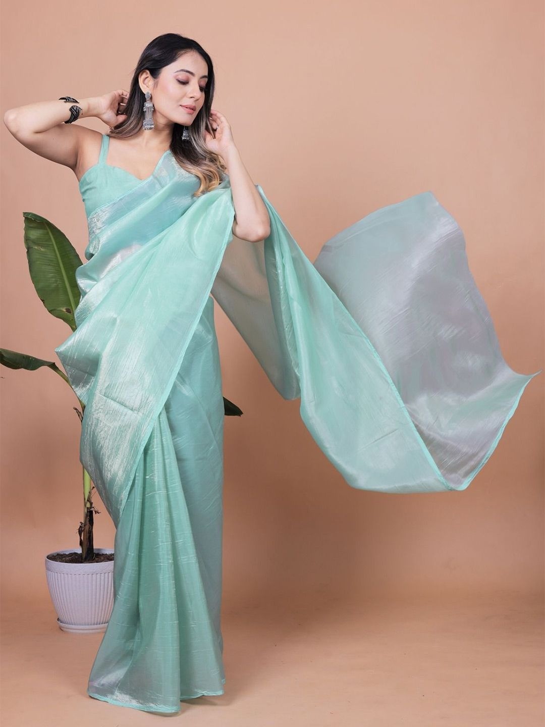 Sea Green Solid Chiffon Saree Perfect for Parties & Festive Occasions - Image 1