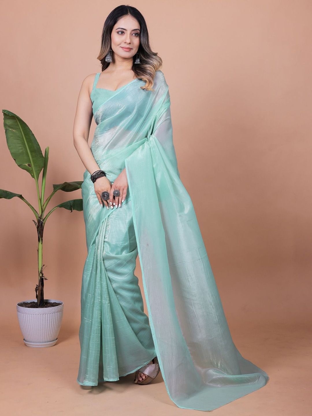Sea Green Solid Chiffon Saree Perfect for Parties & Festive Occasions - Image 3