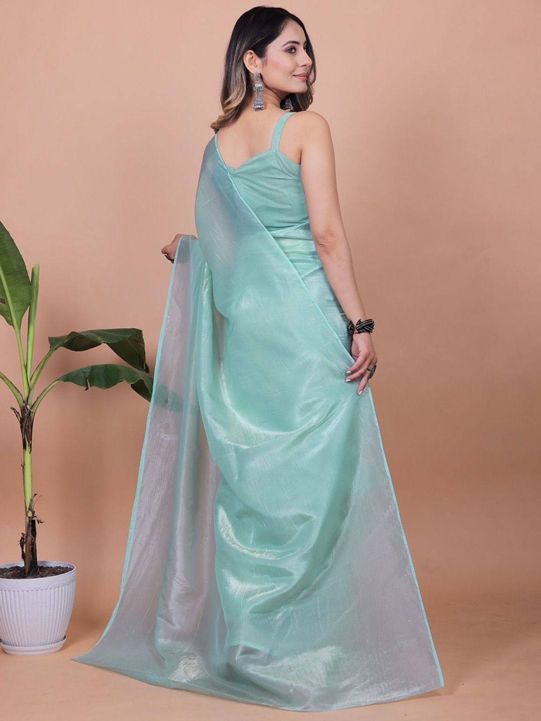 Sea Green Solid Chiffon Saree Perfect for Parties & Festive Occasions - Image 6