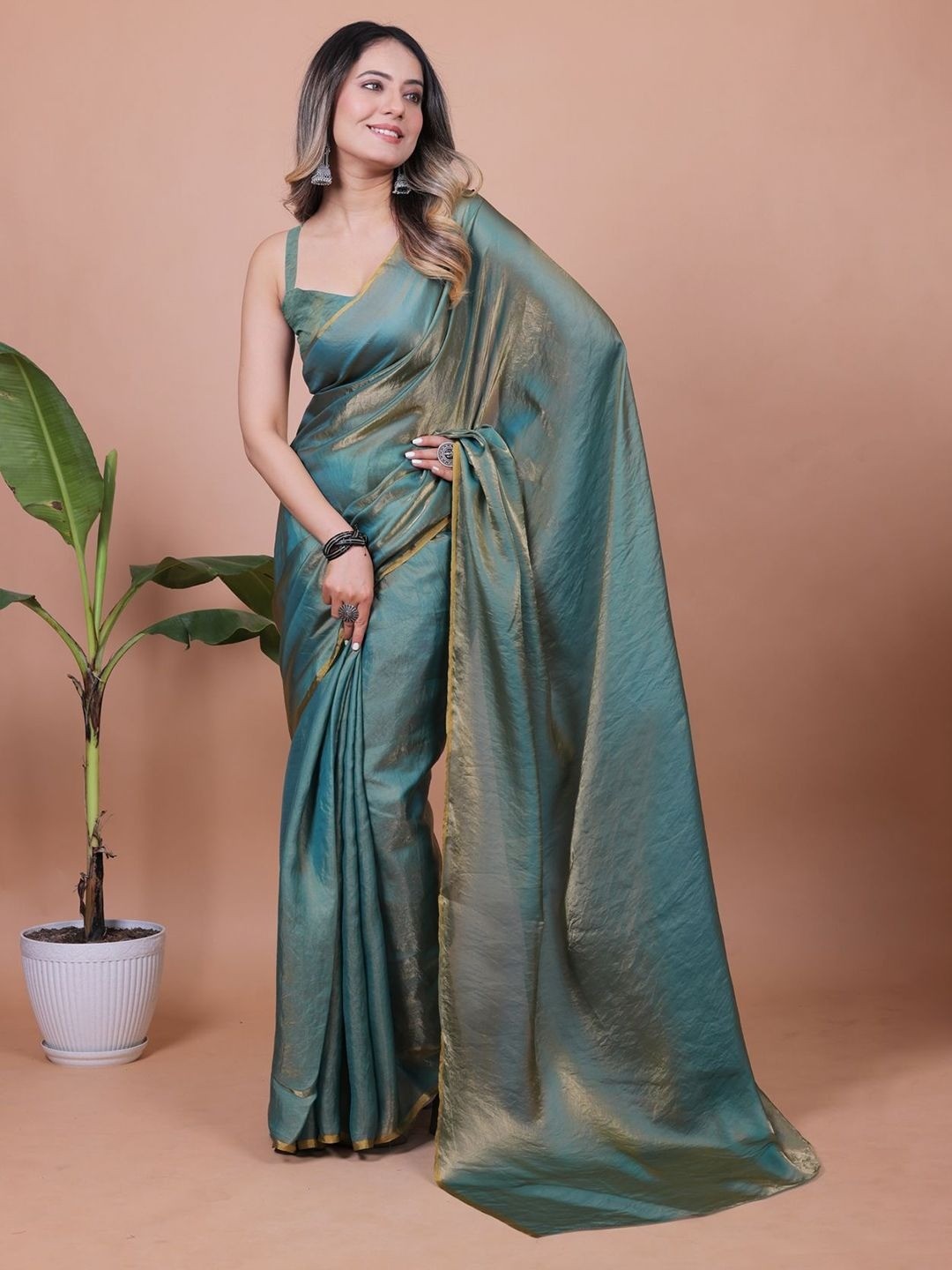 Teal Green Solid Chiffon Saree Perfect for Parties & Festive Occasions - Image 6