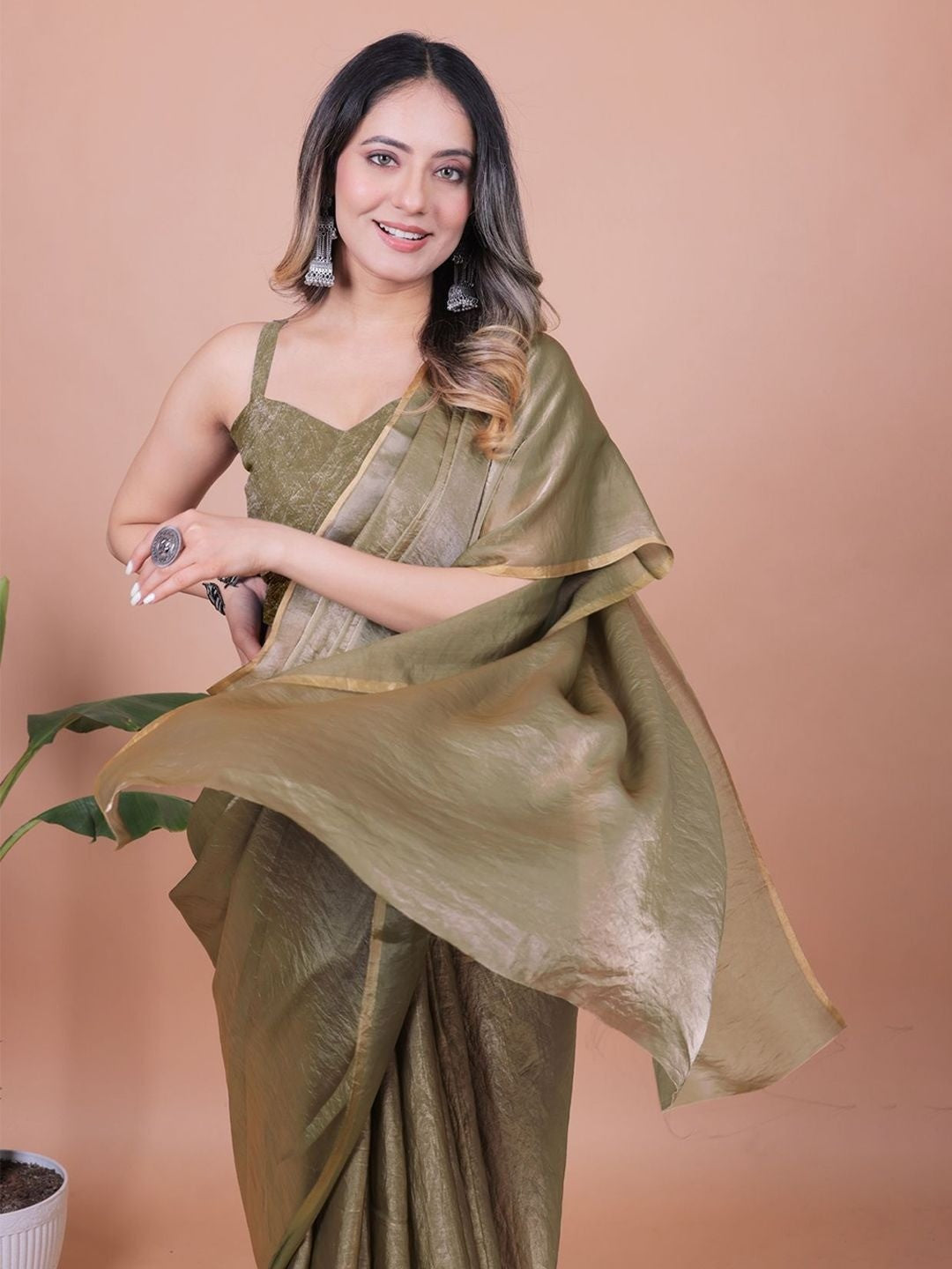 Mehendi Green Solid Chiffon Saree Perfect for Parties & Festive Occasions - Image 1