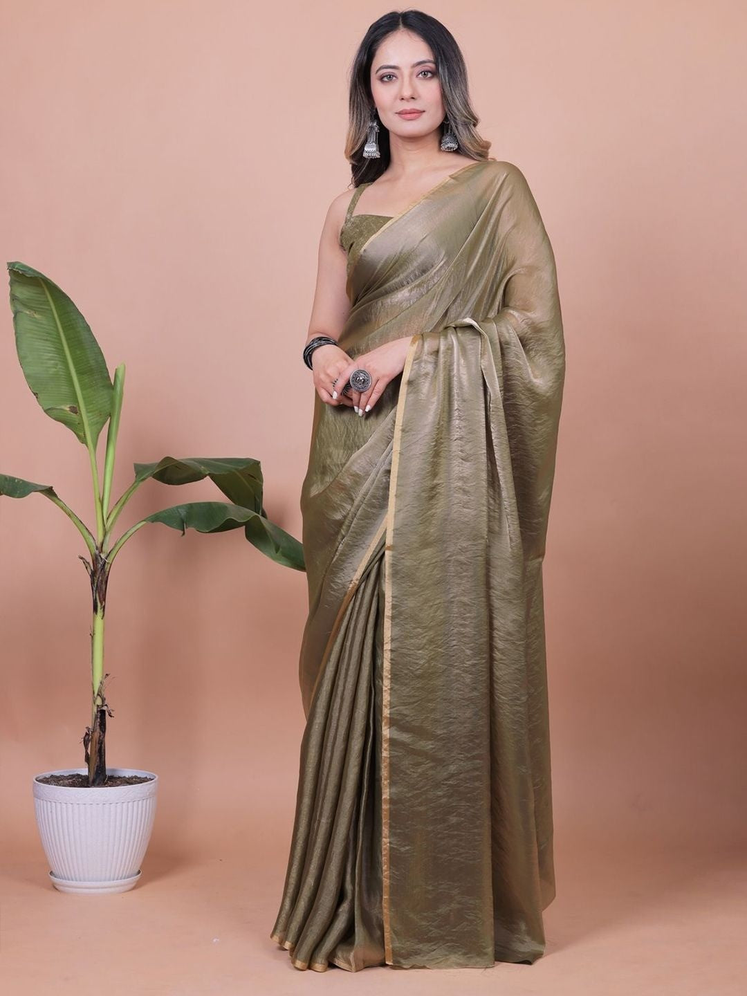 Mehendi Green Solid Chiffon Saree Perfect for Parties & Festive Occasions - Image 6