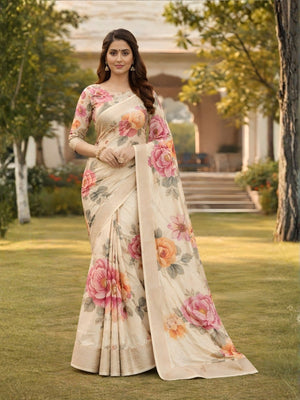 Elegant Cream Floral Digital Printed Tussar Dola Silk Saree Adorned With Rich Zari Weaving Border - Image 1