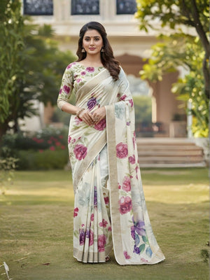 Timeless Cream Floral Digitally Printed Tussar Dola Silk Saree With Traditional Zari Weaving Border - Image 1