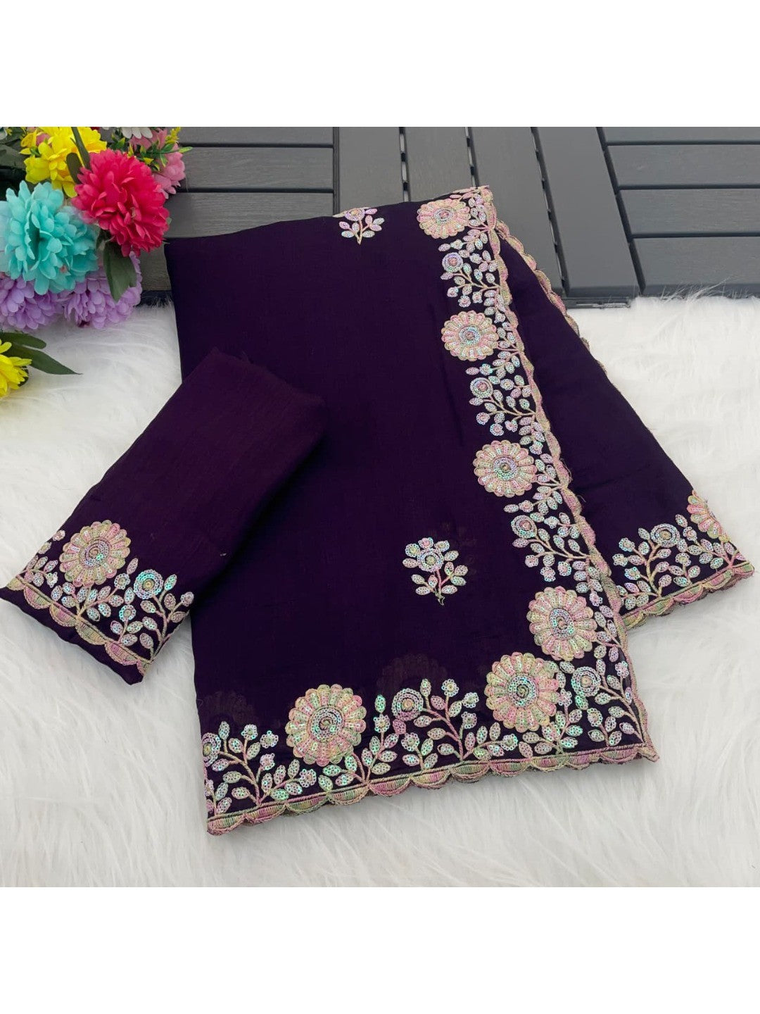 Luxurious Purple Floral Vichitra Silk Saree Embellished With Thread Embroidery & Sequins Work - Image 6