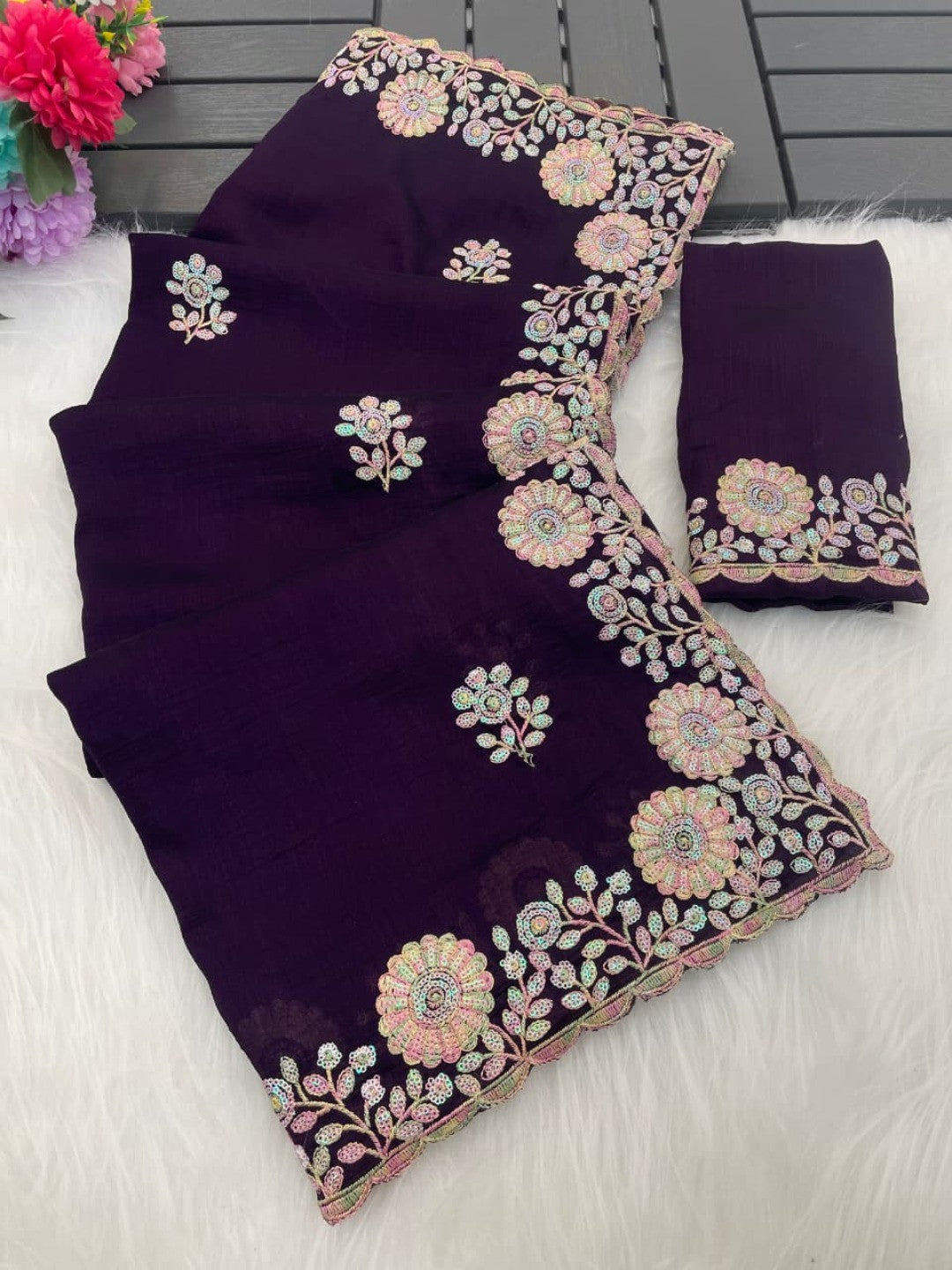 Luxurious Purple Floral Vichitra Silk Saree Embellished With Thread Embroidery & Sequins Work - Image 9