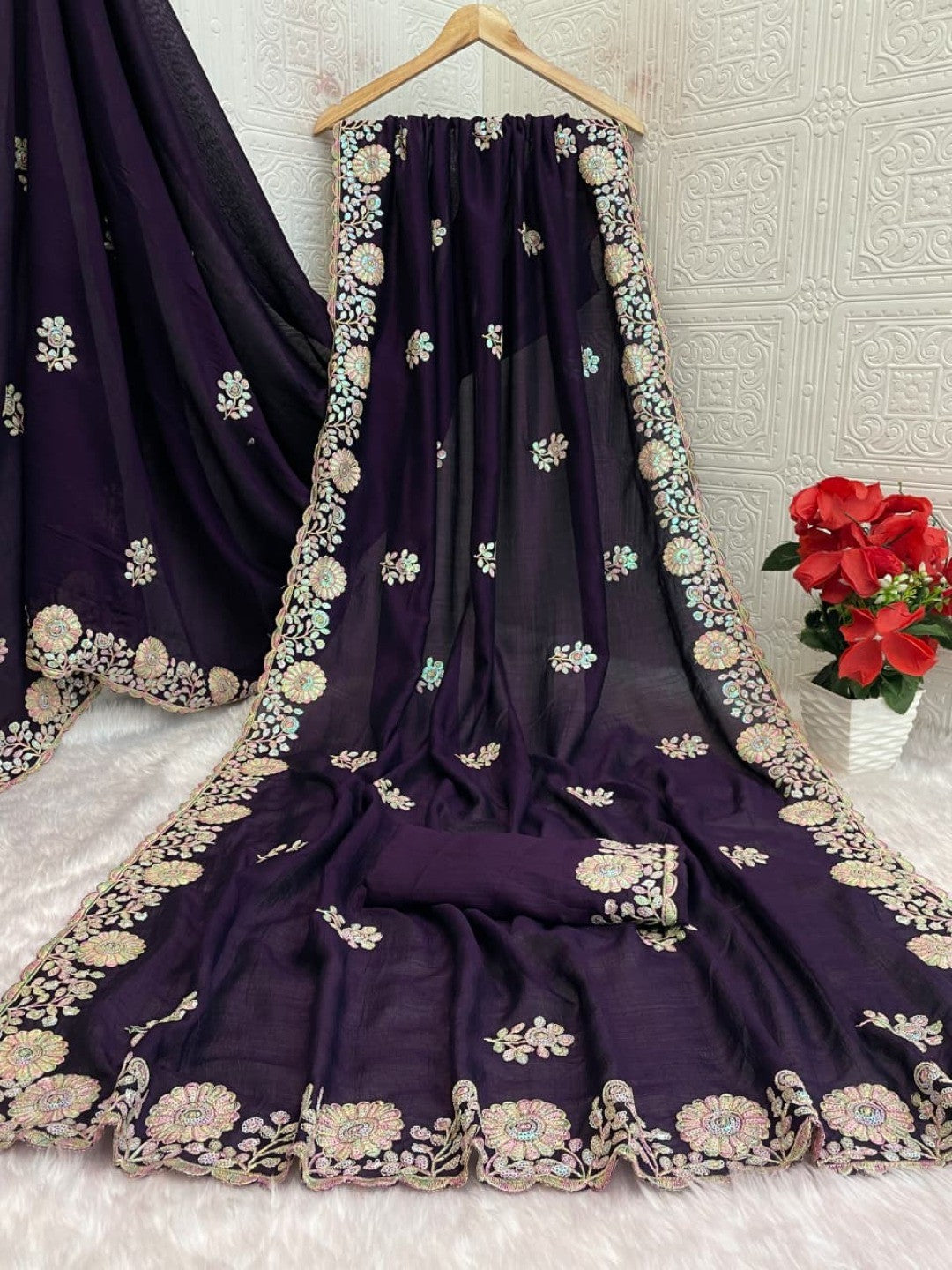 Luxurious Purple Floral Vichitra Silk Saree Embellished With Thread Embroidery & Sequins Work - Image 5