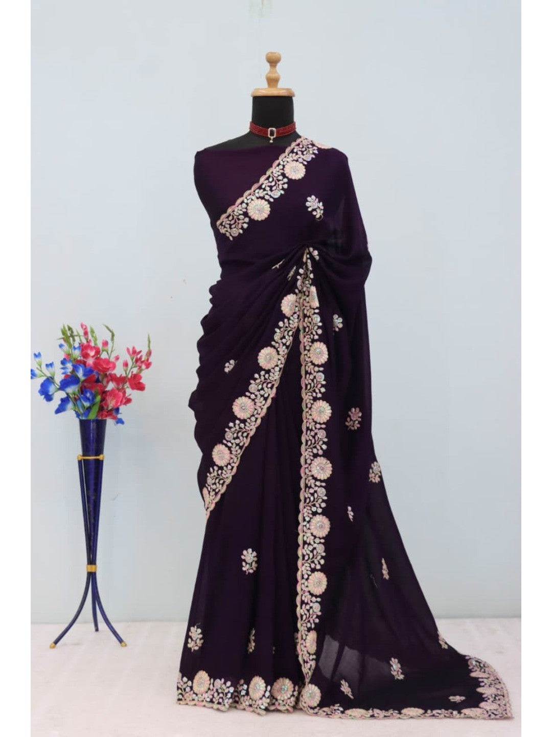 Luxurious Purple Floral Vichitra Silk Saree Embellished With Thread Embroidery & Sequins Work - Image 8