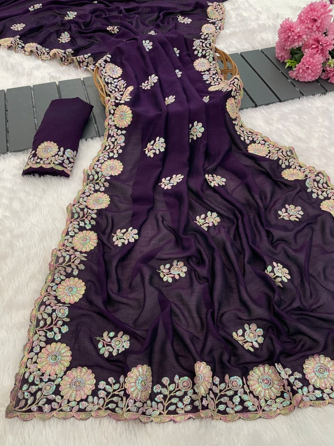 Luxurious Purple Floral Vichitra Silk Saree Embellished With Thread Embroidery & Sequins Work - Image 3