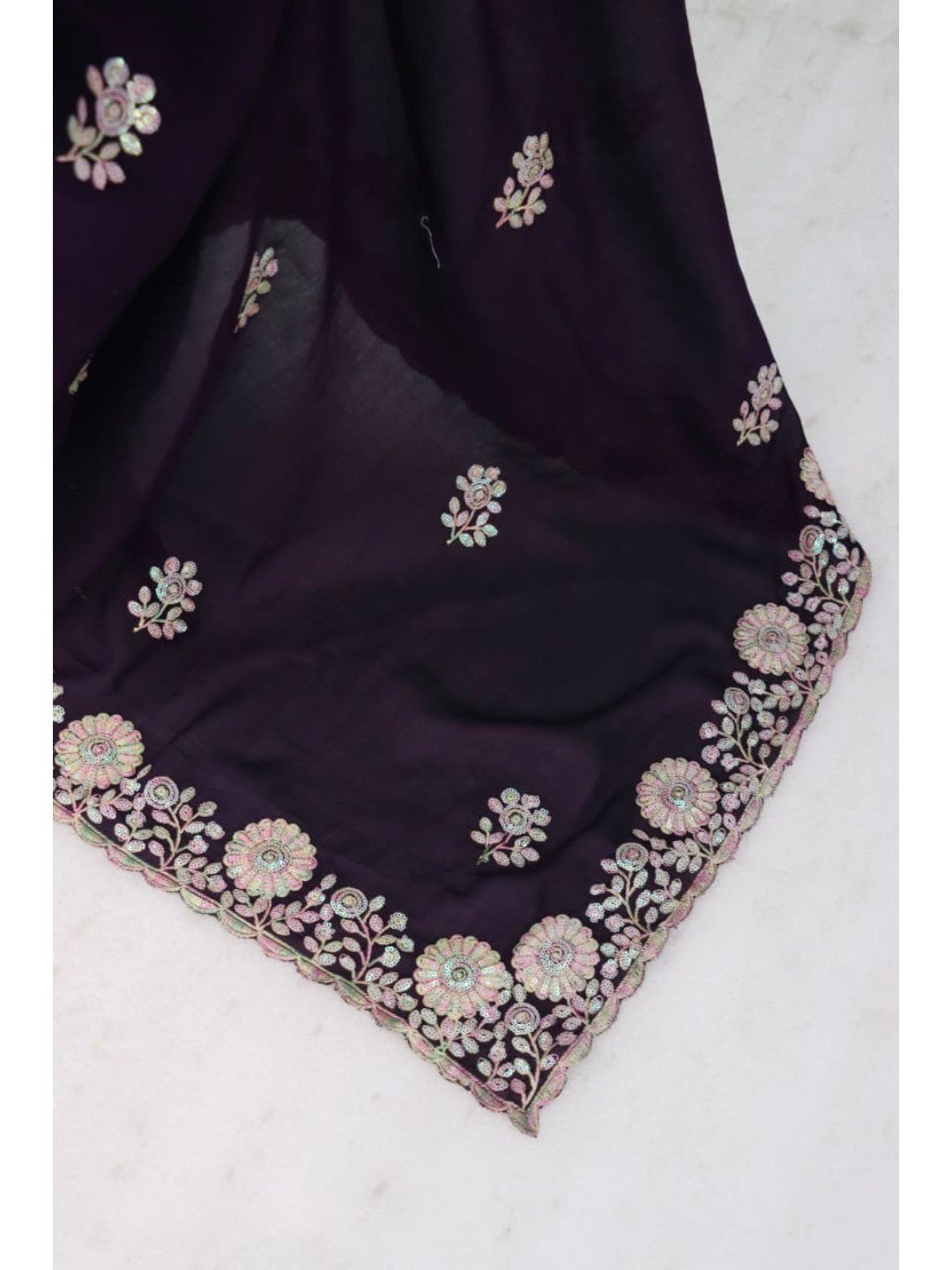Luxurious Purple Floral Vichitra Silk Saree Embellished With Thread Embroidery & Sequins Work - Image 9