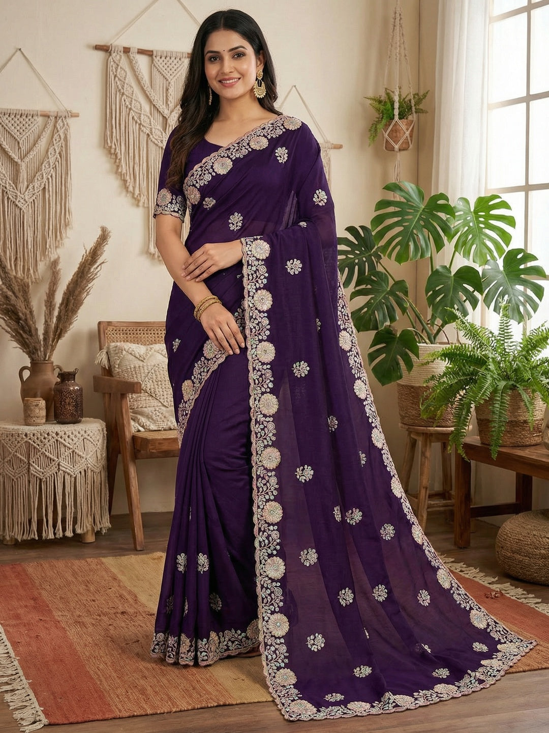 Luxurious Purple Floral Vichitra Silk Saree Embellished With Thread Embroidery & Sequins Work - Image 1