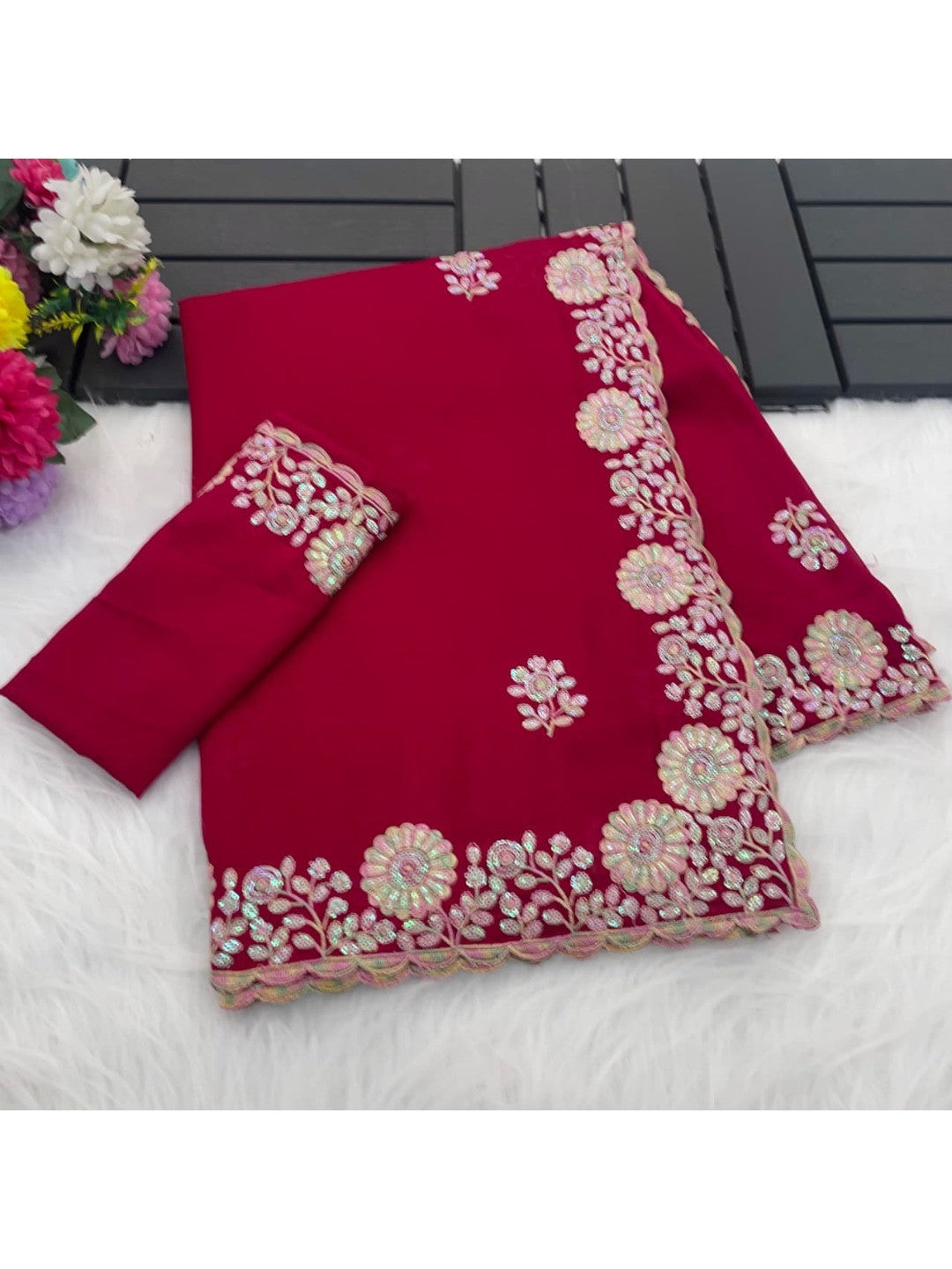 Luxurious Pink Floral Vichitra Silk Saree Embellished With Thread Embroidery & Sequins Work - Image 3