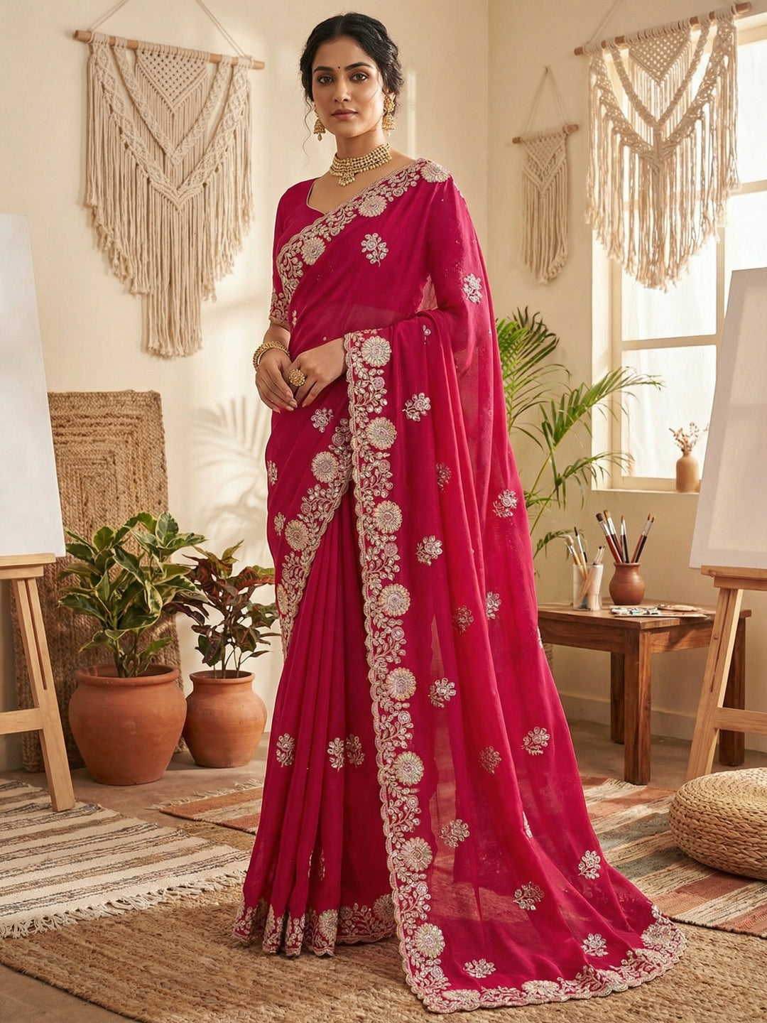 Luxurious Pink Floral Vichitra Silk Saree Embellished With Thread Embroidery & Sequins Work - Image 1