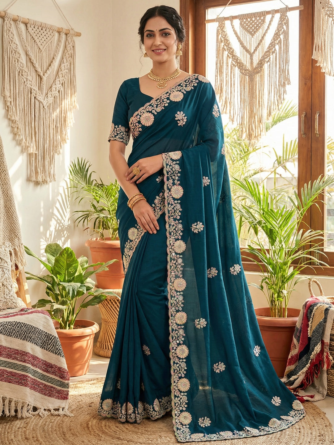 Luxurious Teal Blue Floral Vichitra Silk Saree Embellished With Thread Embroidery & Sequins Work - Image 1
