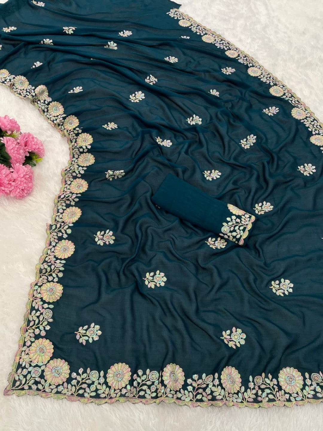 Luxurious Teal Blue Floral Vichitra Silk Saree Embellished With Thread Embroidery & Sequins Work - Image 9