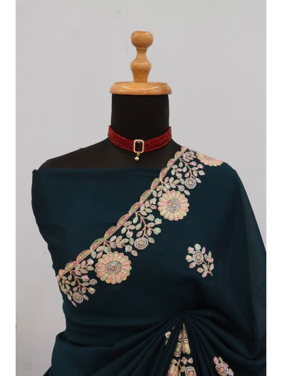 Luxurious Teal Blue Floral Vichitra Silk Saree Embellished With Thread Embroidery & Sequins Work - Image 2