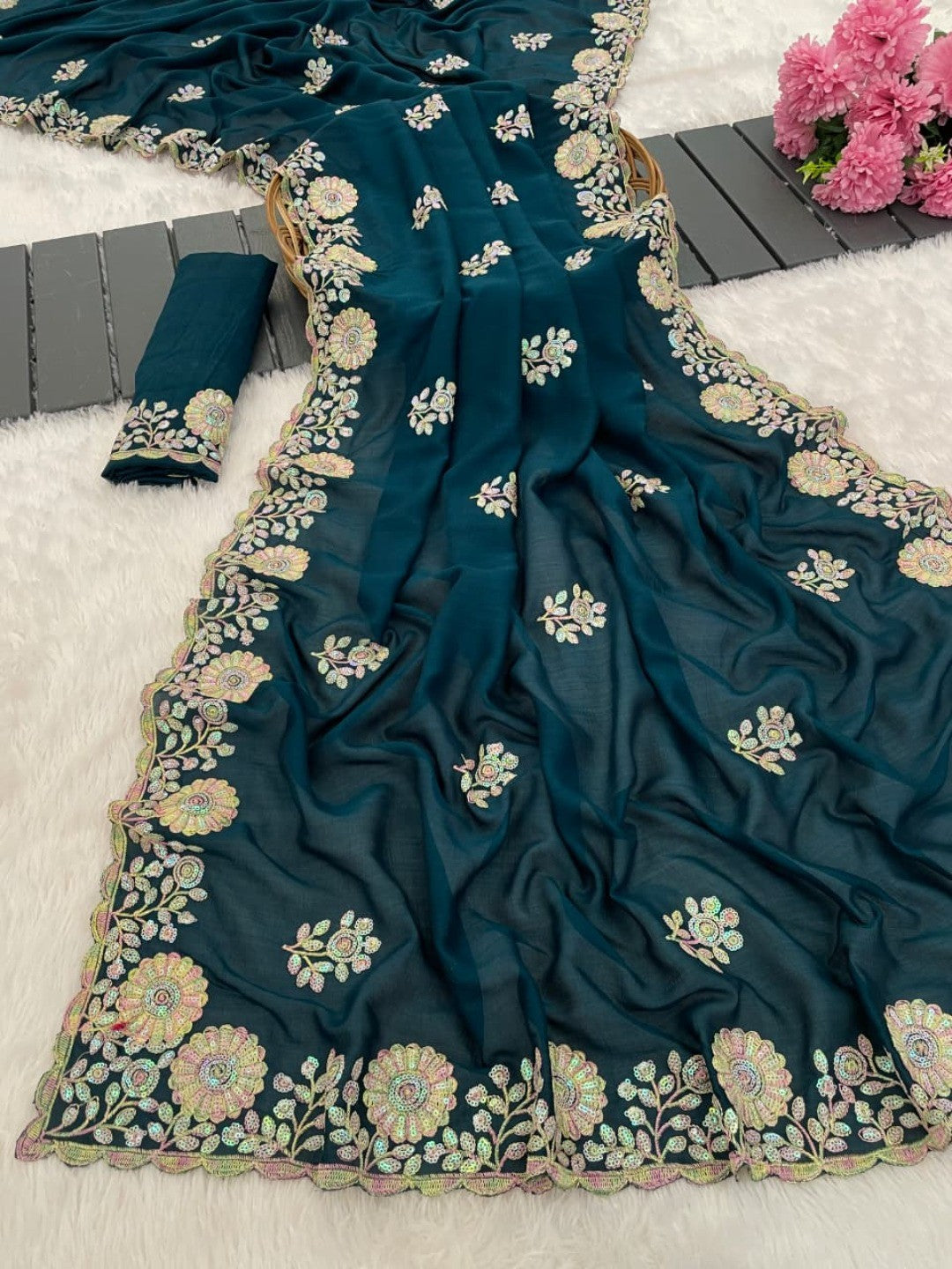 Luxurious Teal Blue Floral Vichitra Silk Saree Embellished With Thread Embroidery & Sequins Work - Image 8