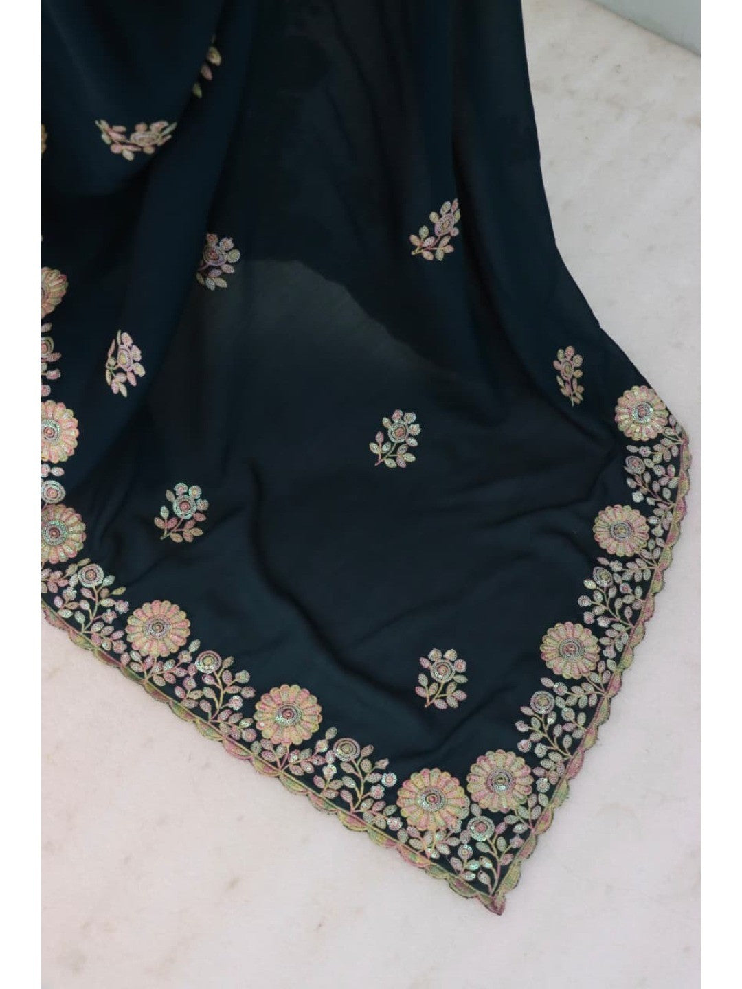 Luxurious Teal Blue Floral Vichitra Silk Saree Embellished With Thread Embroidery & Sequins Work - Image 7