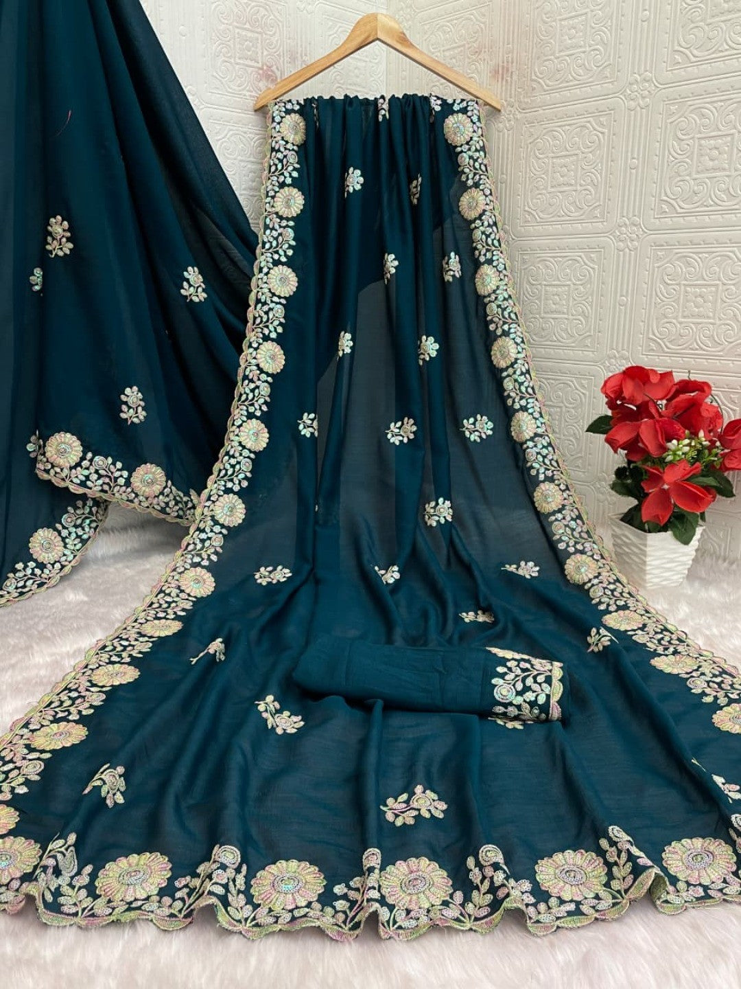 Luxurious Teal Blue Floral Vichitra Silk Saree Embellished With Thread Embroidery & Sequins Work - Image 9