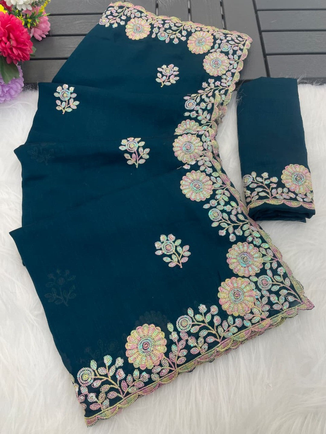Luxurious Teal Blue Floral Vichitra Silk Saree Embellished With Thread Embroidery & Sequins Work - Image 4