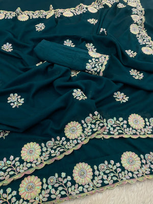 Luxurious Teal Blue Floral Vichitra Silk Saree Embellished With Thread Embroidery & Sequins Work - Image 2