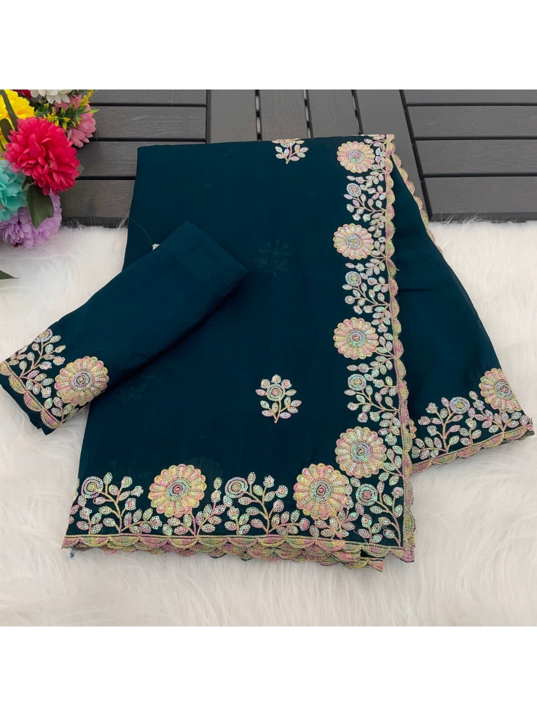 Luxurious Teal Blue Floral Vichitra Silk Saree Embellished With Thread Embroidery & Sequins Work - Image 5