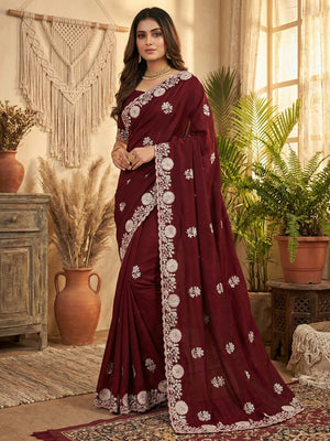 Luxurious Maroon Floral Vichitra Silk Saree Embellished With Thread Embroidery & Sequins Work - Image 1