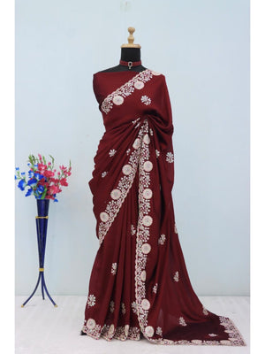 Luxurious Maroon Floral Vichitra Silk Saree Embellished With Thread Embroidery & Sequins Work - Image 2