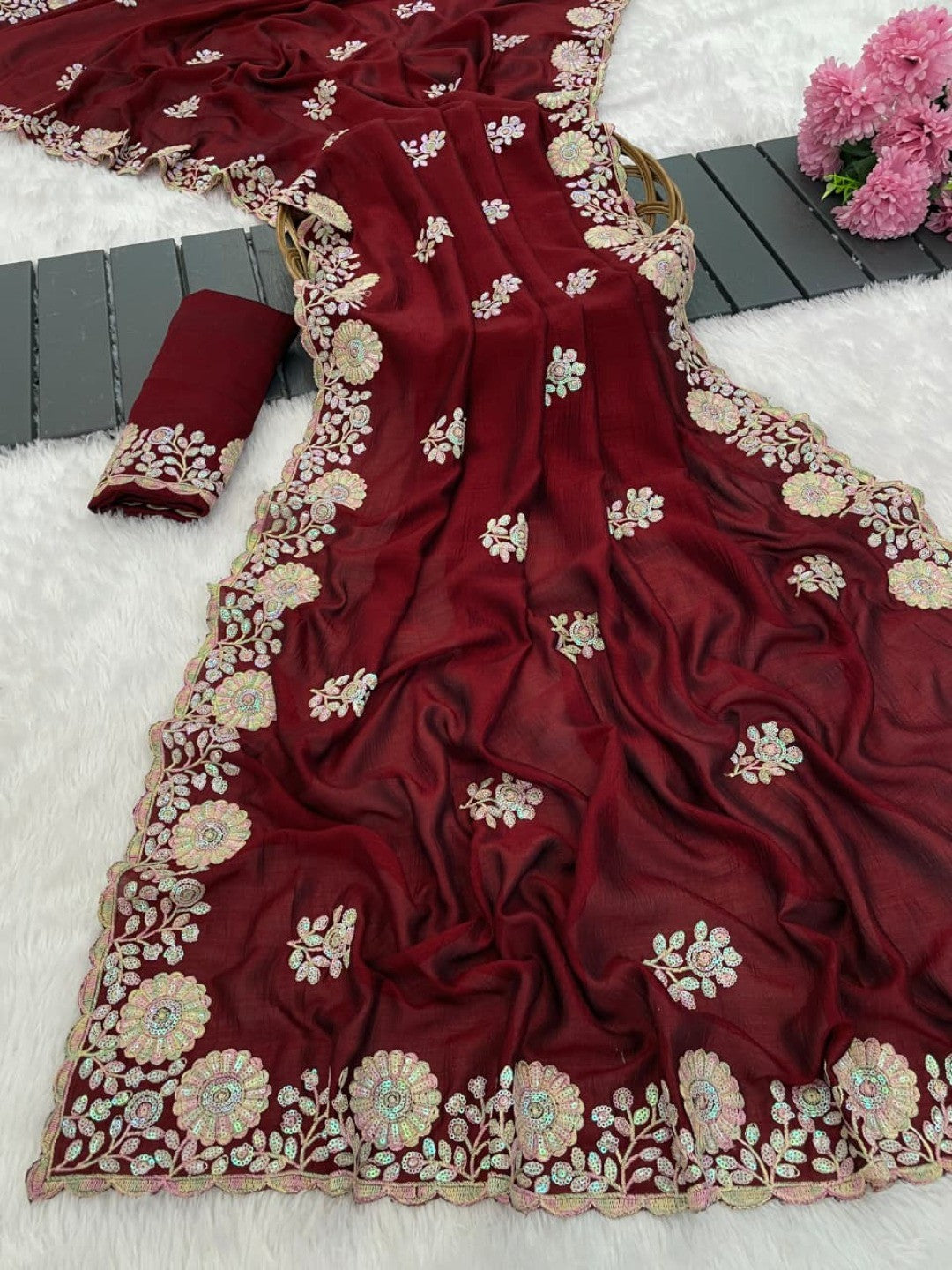 Luxurious Maroon Floral Vichitra Silk Saree Embellished With Thread Embroidery & Sequins Work - Image 10