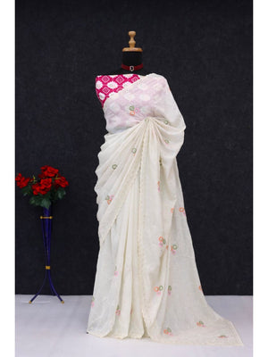 Designer Offwhite Vichitra Silk Saree with Fine Embroidery and Luxurious Draping Finish - Image 2