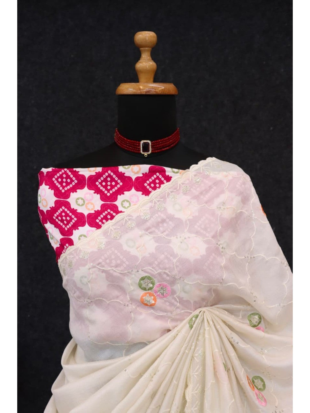 Designer Offwhite Vichitra Silk Saree with Fine Embroidery and Luxurious Draping Finish - Image 3