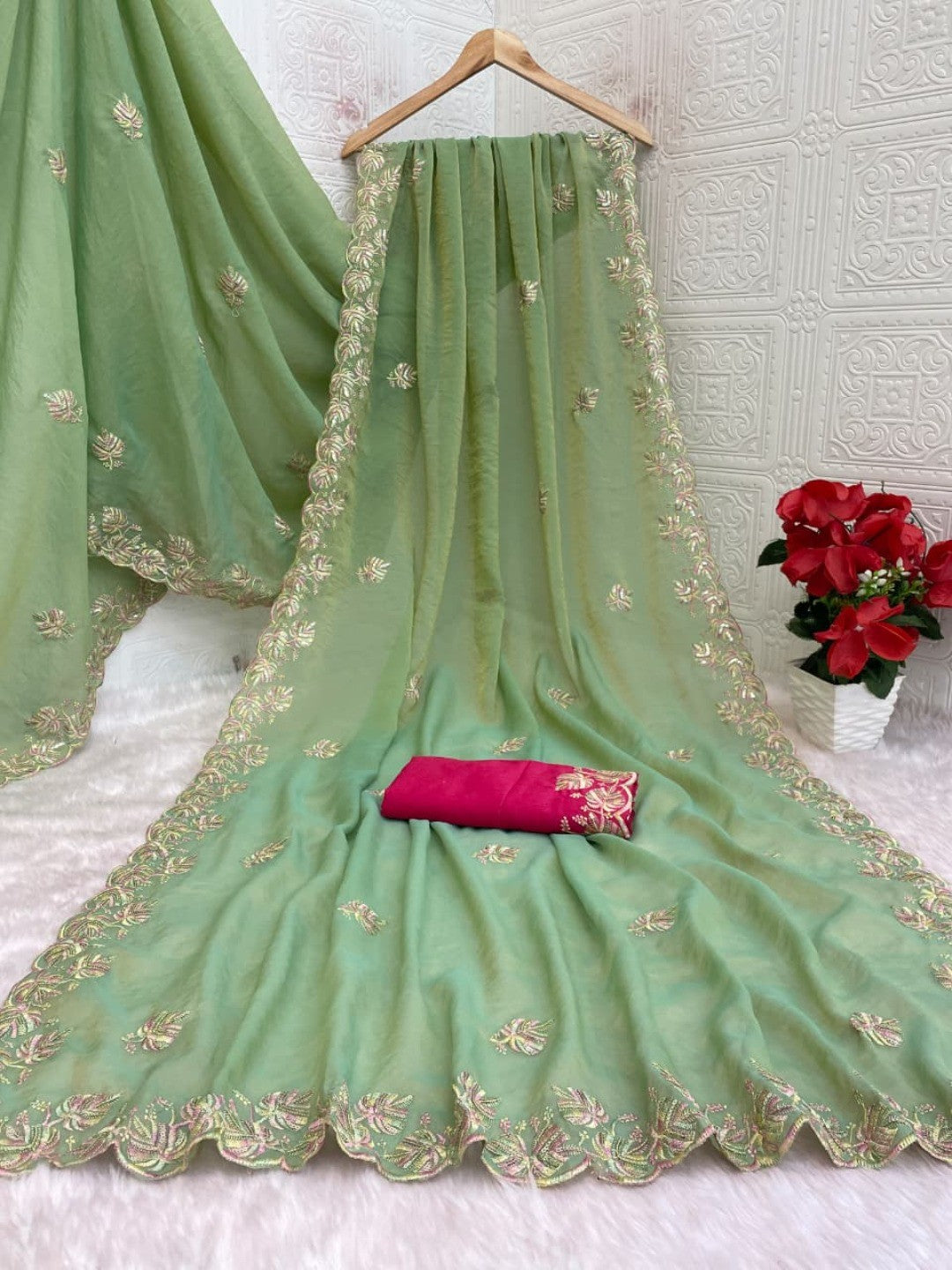 Charming Green Floral Silk Blend Saree Enhanced With Thread Embroidery & Subtle Sequins Work - Image 8
