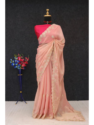 Charming Peach Floral Silk Blend Saree Enhanced With Thread Embroidery & Subtle Sequins Work - Image 2