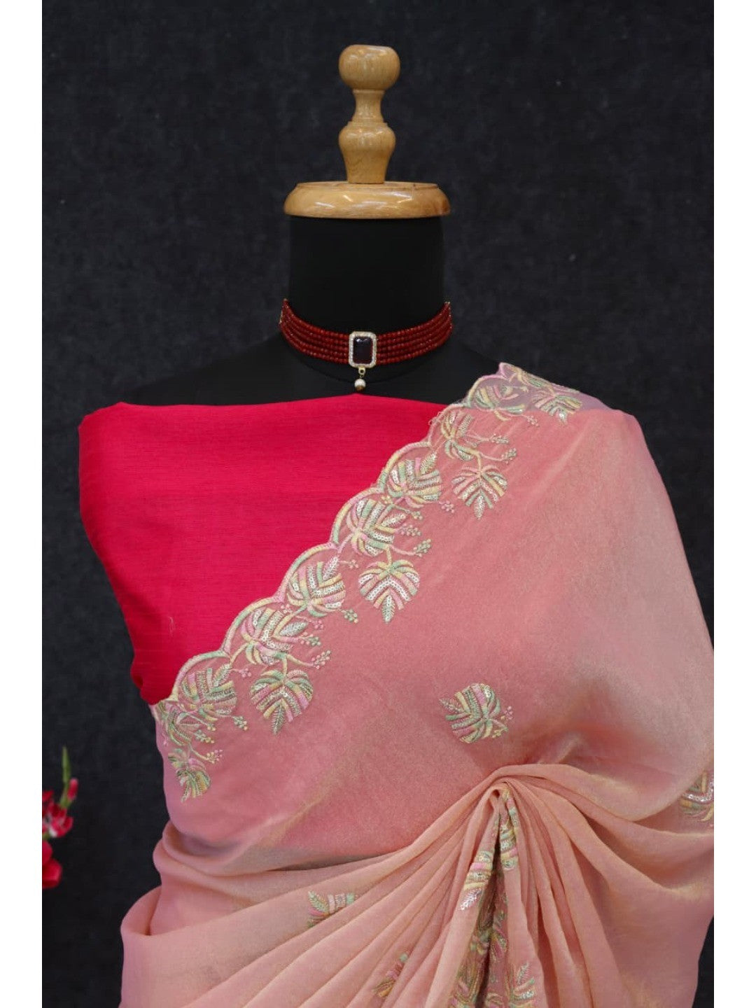 Charming Peach Floral Silk Blend Saree Enhanced With Thread Embroidery & Subtle Sequins Work - Image 3